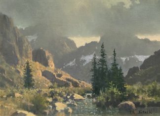 Michael Stack Summer Storm in the Winds summer storm mountain river stream brook pine trees clouds western wind river range Wyoming landscape oil painting