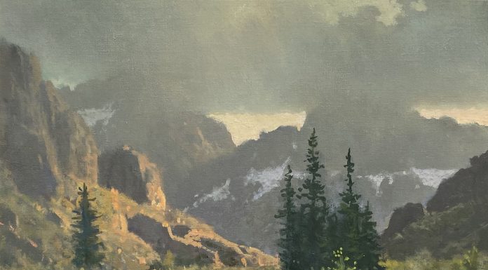 Michael Stack Summer Storm in the Winds summer storm mountain river stream brook pine trees clouds western wind river range Wyoming landscape oil painting