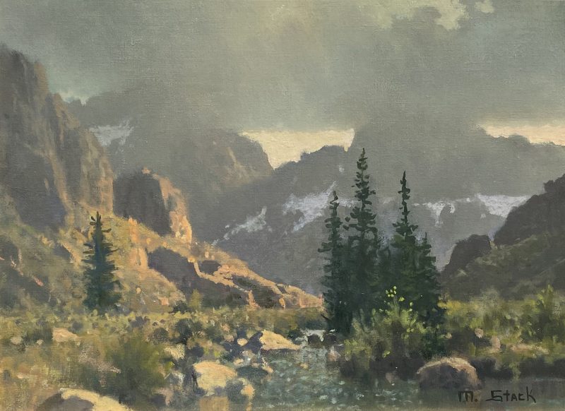 Michael Stack Summer Storm in the Winds summer storm mountain river stream brook pine trees clouds western wind river range Wyoming landscape oil painting