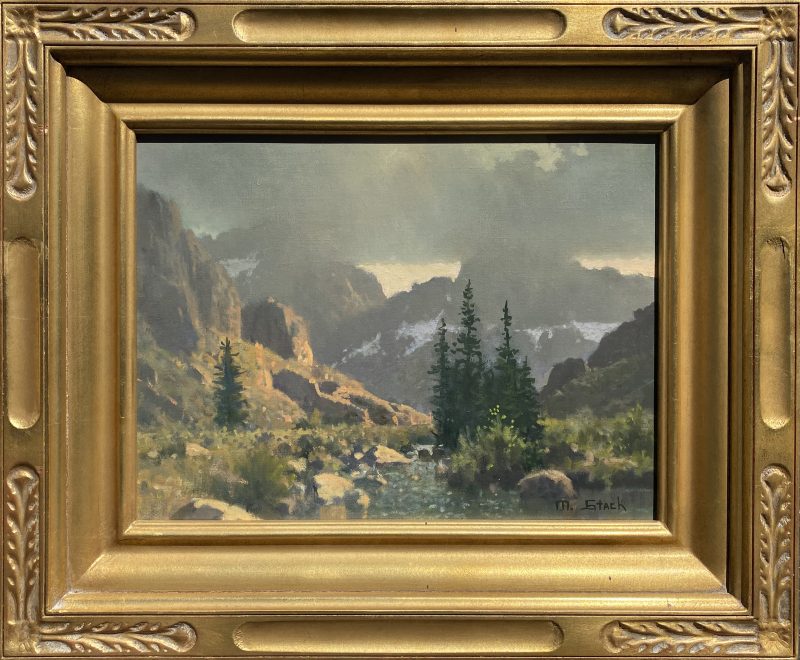 Michael Stack Summer Storm in the Winds summer storm mountain river stream brook pine trees clouds western wind river range Wyoming landscape oil painting framed