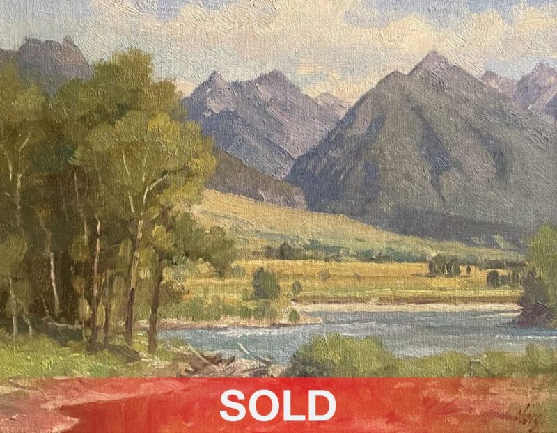 Ralph Oberg Along The Yellowstone River Wyoming Montana mountains river stream river trees western landscape oil painting sold