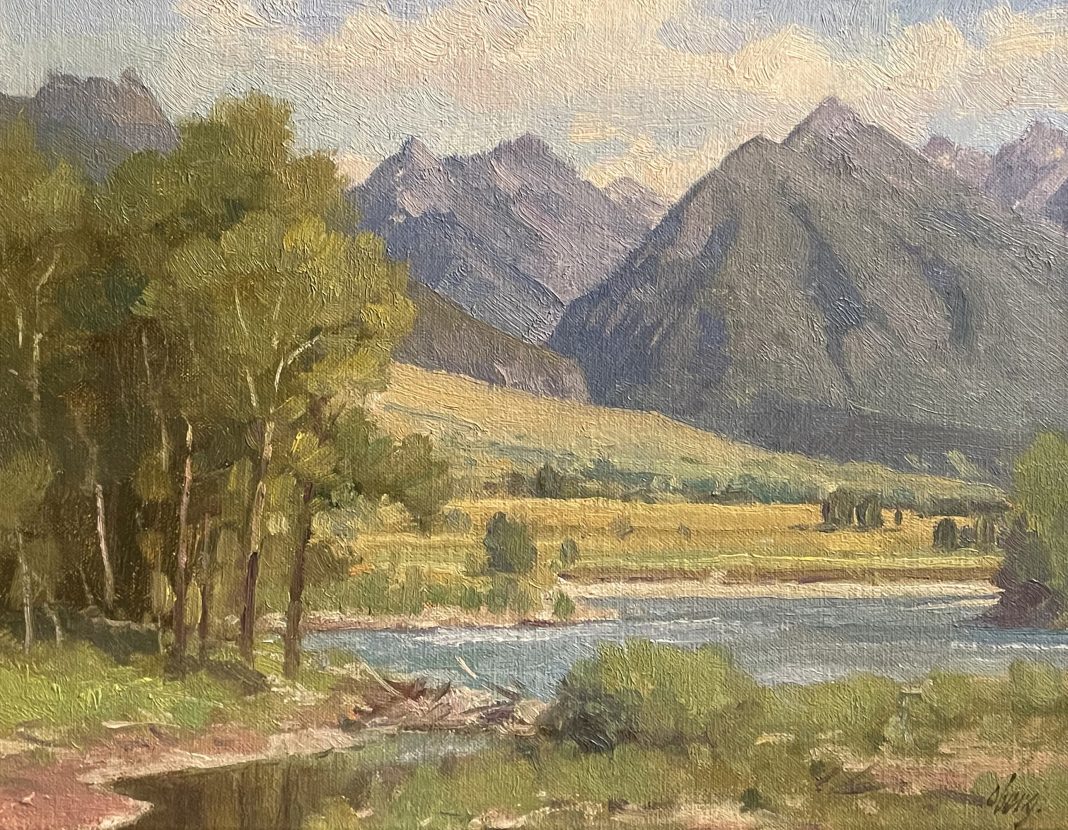 Ralph Oberg Along The Yellowstone River Wyoming Montana mountains river stream river trees western landscape oil painting