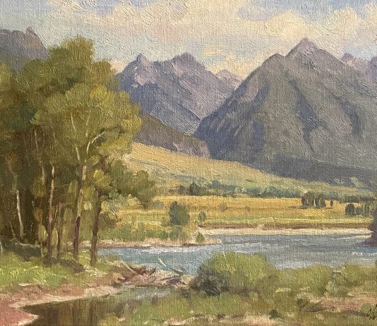 Ralph Oberg Along The Yellowstone River Wyoming Montana mountains river stream river trees western landscape oil painting