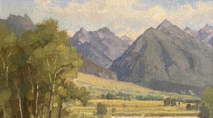 Ralph Oberg Along The Yellowstone River Wyoming Montana mountains river stream river trees western landscape oil painting