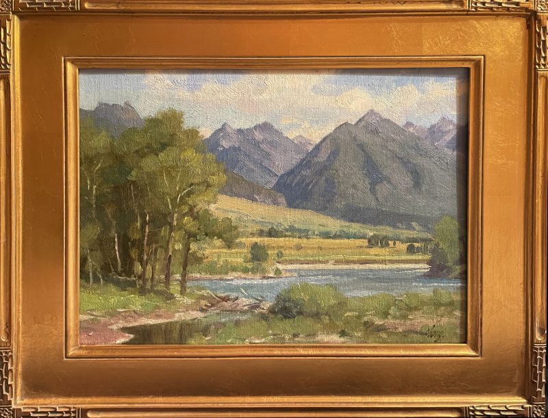 Ralph Oberg Along The Yellowstone River Wyoming Montana mountains river stream river trees western landscape oil painting framed