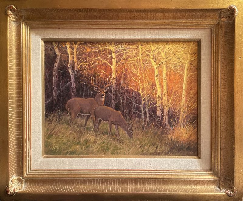 Ralph Oberg Edge Of Evening wildlife oil painting deer elk cedar birch aspen trees framed