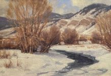 Ralph Oberg Winter Along The Creek snow river stream brook mountain trees western landscape oil painting