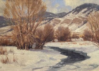 Ralph Oberg Winter Along The Creek snow river stream brook mountain trees western landscape oil painting
