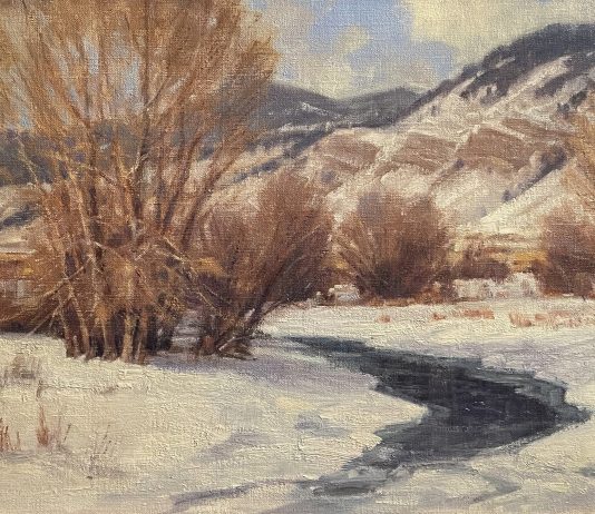 Ralph Oberg Winter Along The Creek snow river stream brook mountain trees western landscape oil painting