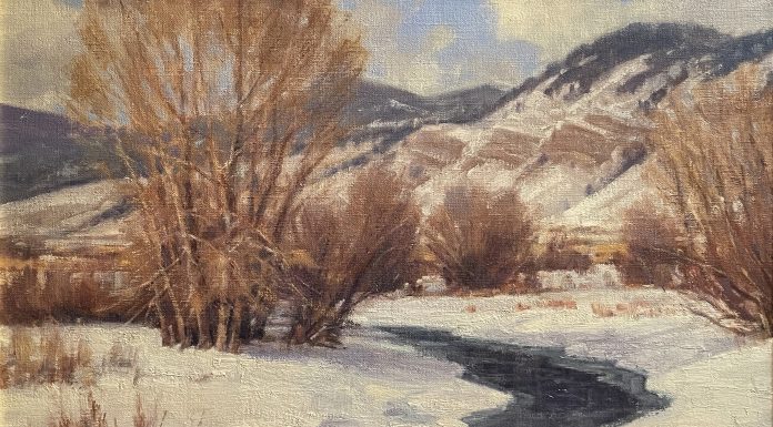 Ralph Oberg Winter Along The Creek snow river stream brook mountain trees western landscape oil painting