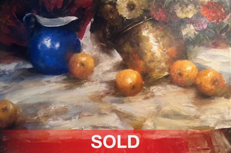 Ramon Kelley Cobalt Blue And Brass stillife still life oil painting oranges apples brass pot portrait