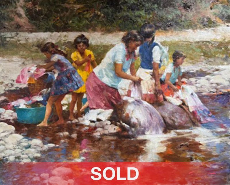 Ramon Kelley Wash Day woman female girl washing clothes in river stream brook Mexican Hispanic western oil painting