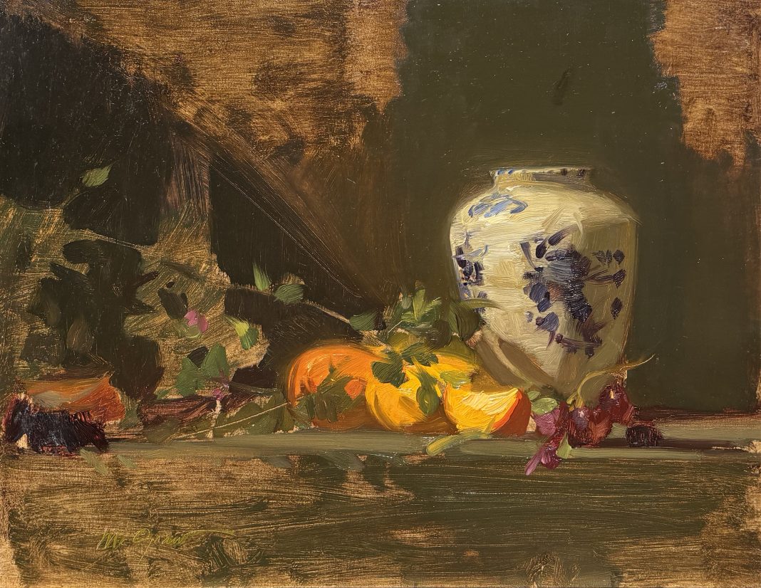Sherrie McGraw Flow Blue Vase Oranges and Grapes fruit still life stillife oil painting