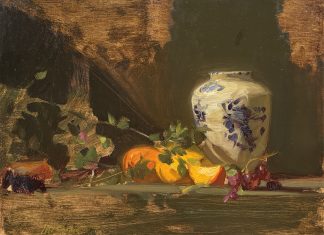 Sherrie McGraw Flow Blue Vase Oranges and Grapes fruit still life stillife oil painting