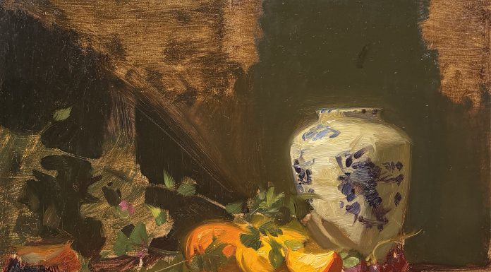 Sherrie McGraw Flow Blue Vase Oranges and Grapes fruit still life stillife oil painting