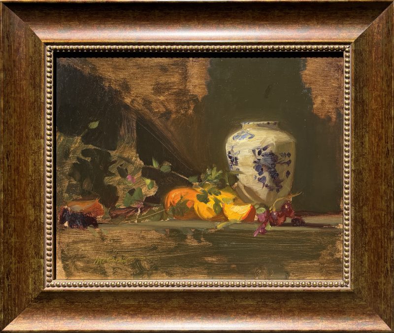 Sherrie McGraw Flow Blue Vase Oranges and Grapes fruit still life stillife oil painting framed
