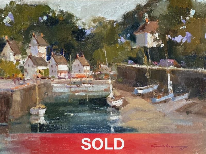 Ted Goerschner Port Aven Low Tide France boats sailboat water canal river stream Europe oil painting seascape sold