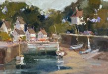 Ted Goerschner Port Aven Low Tide France boats sailboat water canal river stream Europe oil painting seascape