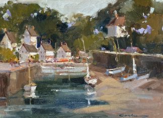 Ted Goerschner Port Aven Low Tide France boats sailboat water canal river stream Europe oil painting seascape