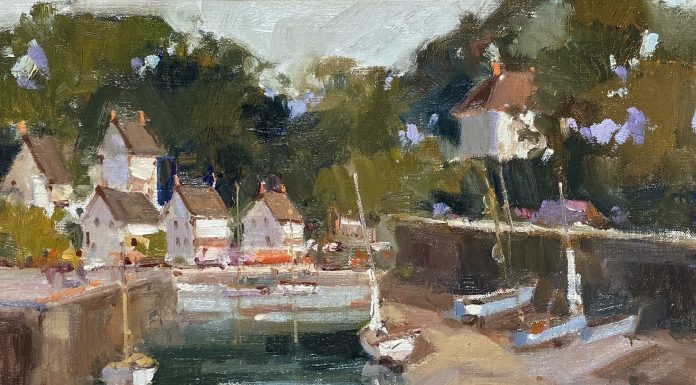 Ted Goerschner Port Aven Low Tide France boats sailboat water canal river stream Europe oil painting seascape