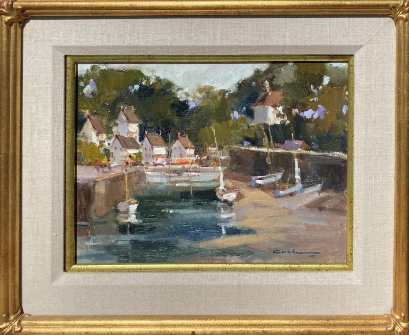 Ted Goerschner Port Aven Low Tide France boats sailboat water canal river stream Europe oil painting seascape framed