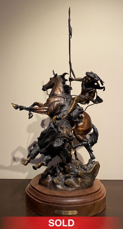 Vic Payne Boy Called Buffalo Native American Indian action western bronze sculpture horse buffalo collide
