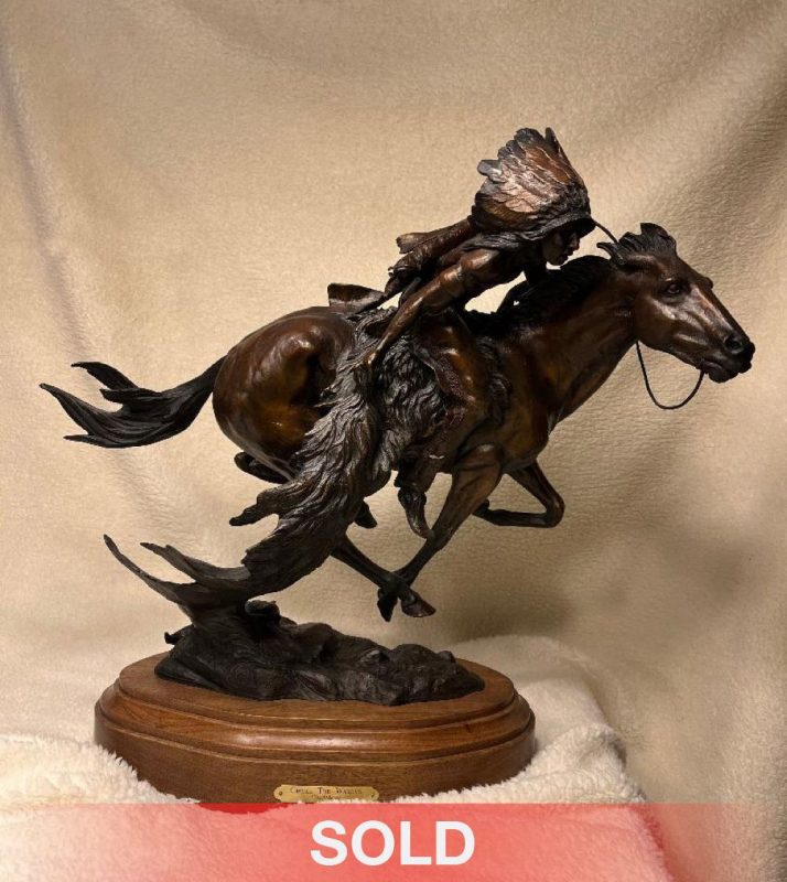 Vic Payne Circle The Wagons Native American Indian headdress running horse western bronze sculpture sold