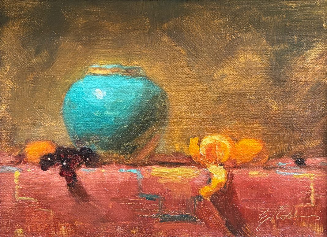 Elizabeth Robbins Thanks For Everything still life stillife oil painting fruit orange grape turquoise pot vase