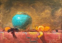 Elizabeth Robbins Thanks For Everything still life stillife oil painting fruit orange grape turquoise pot vase