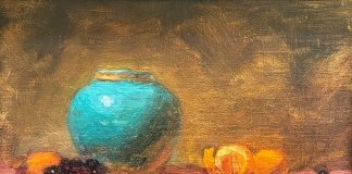 Elizabeth Robbins Thanks For Everything still life stillife oil painting fruit orange grape turquoise pot vase