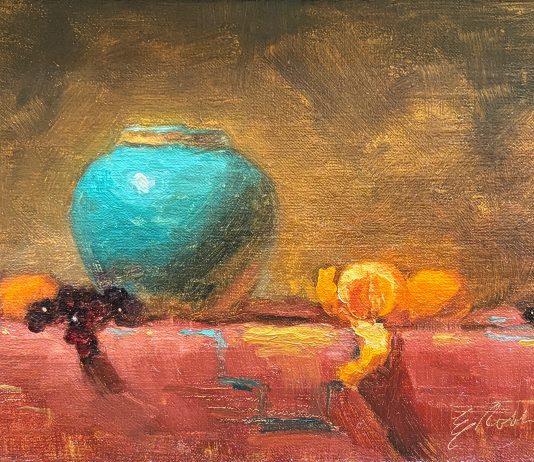 Elizabeth Robbins Thanks For Everything still life stillife oil painting fruit orange grape turquoise pot vase
