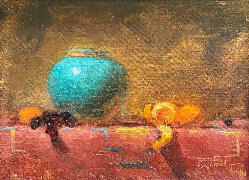 Elizabeth Robbins Thanks For Everything still life stillife oil painting fruit orange grape turquoise pot vase