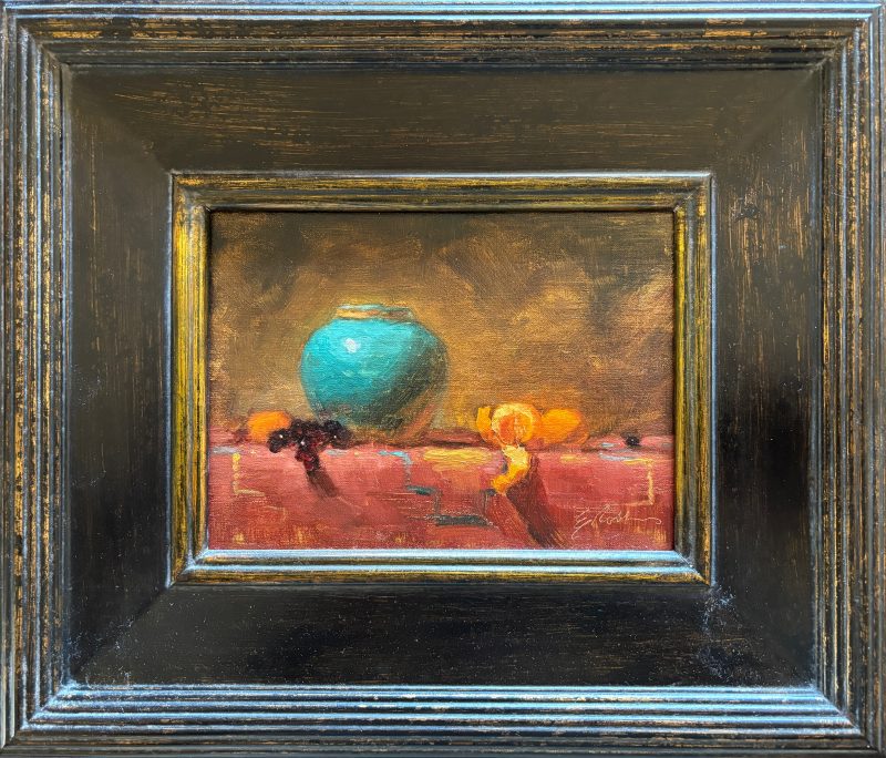 Elizabeth Robbins Thanks For Everything still life stillife oil painting fruit orange grape turquoise pot vase framed