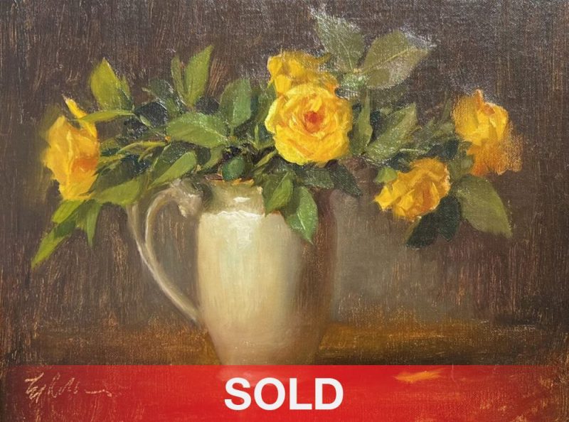 Elizabeth Robbins Yellow Roses floral flower still-life oil painting pitcher pot sold