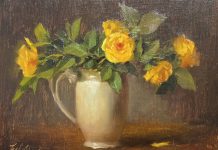 Elizabeth Robbins Yellow Roses floral flower still-life oil painting pitcher pot