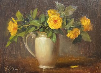Elizabeth Robbins Yellow Roses floral flower still-life oil painting pitcher pot