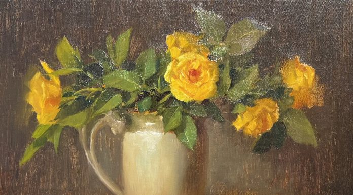 Elizabeth Robbins Yellow Roses floral flower still-life oil painting pitcher pot