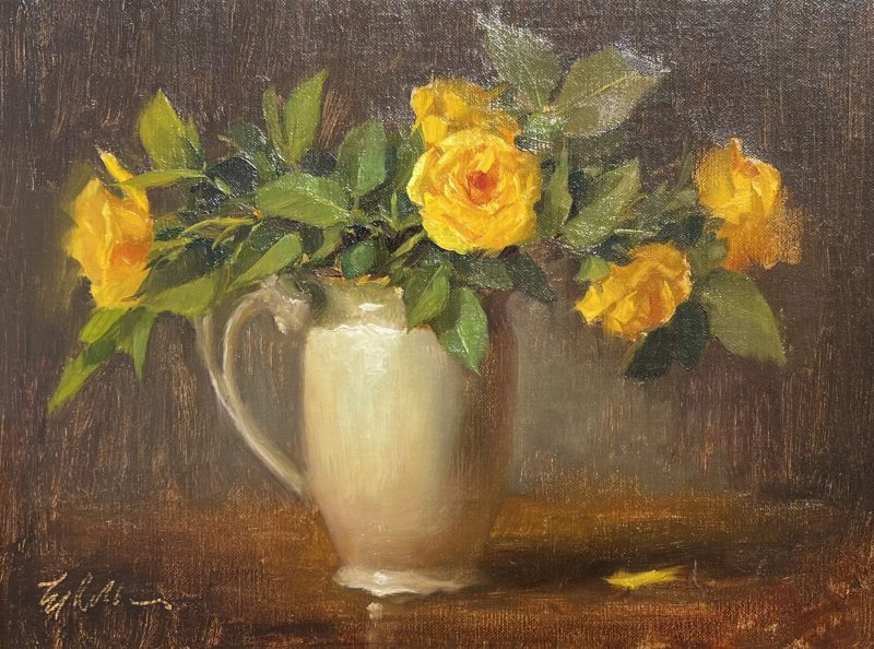 Elizabeth Robbins Yellow Roses flower floral still-life oil painting white vase pitcher