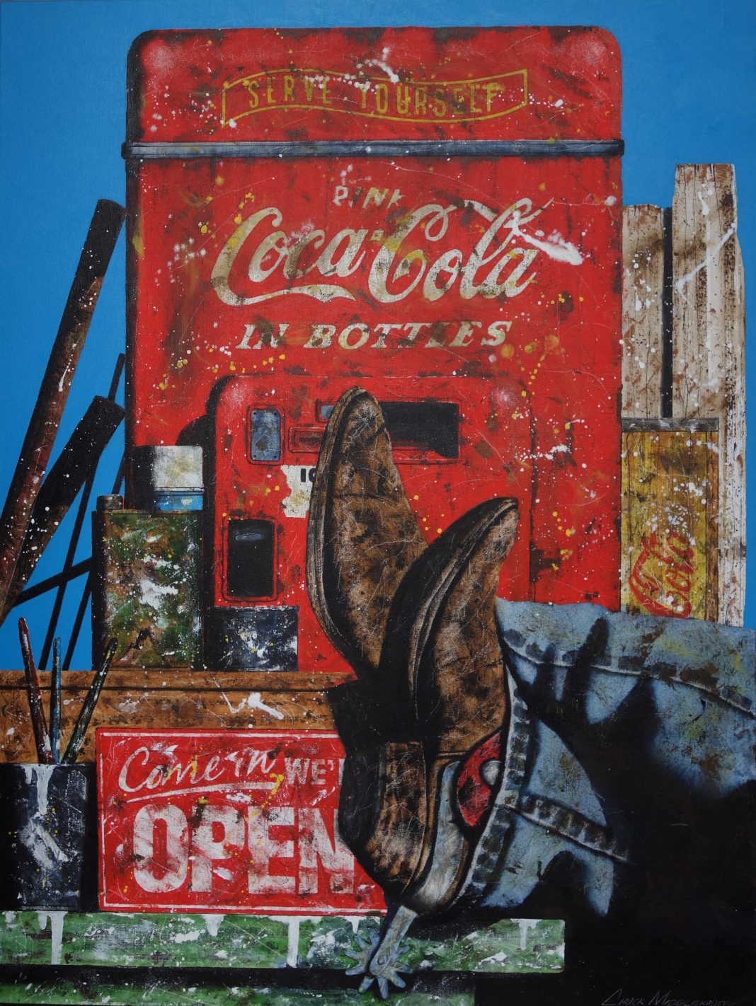 Chuck Middlekauff Cooling His Heels cowboy Coke Coca Cola gas pump come in we're open soda machine spurs western pop painting