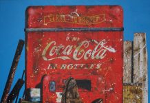 Chuck Middlekauff Cooling His Heels cowboy Coke Coca Cola gas pump come in we're open soda machine spurs western pop painting