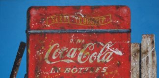 Chuck Middlekauff Cooling His Heels cowboy Coke Coca Cola gas pump come in we're open soda machine spurs western pop painting