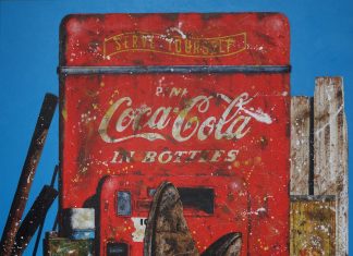 Chuck Middlekauff Cooling His Heels cowboy Coke Coca Cola gas pump come in we're open soda machine spurs western pop painting