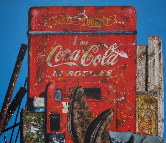 Chuck Middlekauff Cooling His Heels cowboy Coke Coca Cola gas pump come in we're open soda machine spurs western pop painting