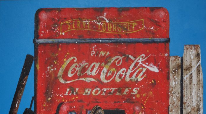 Chuck Middlekauff Cooling His Heels cowboy Coke Coca Cola gas pump come in we're open soda machine spurs western pop painting