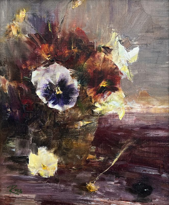 Laura Robb Pansies floral flowers stillife painting