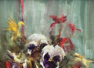 Laura Robb Pansies With Red Ribbons floral flowers stillife painting