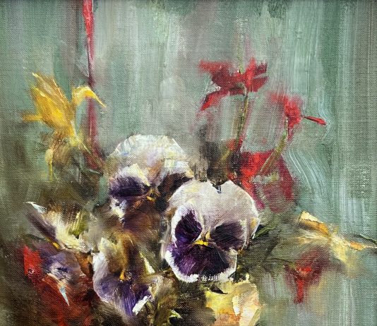 Laura Robb Pansies With Red Ribbons floral flowers stillife painting