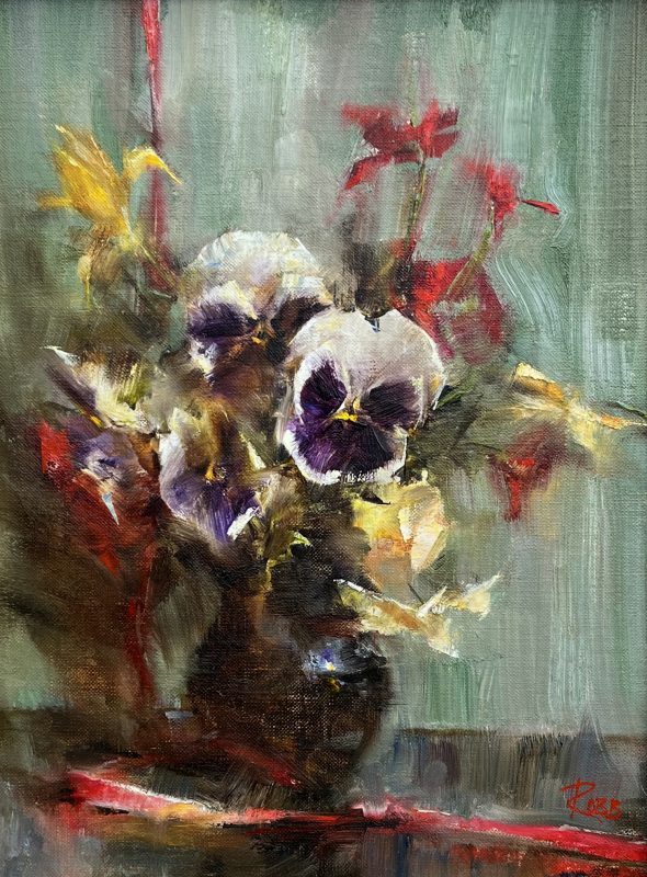 Laura Robb Pansies With Red Ribbons floral flowers stillife painting