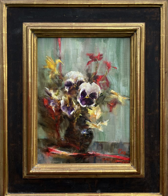 Laura Robb Pansies With Red Ribbons floral flowers stillife painting framed
