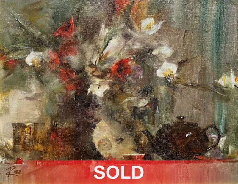 Laura Robb White and Red Bouquet stillife floral flowers oil painting sold